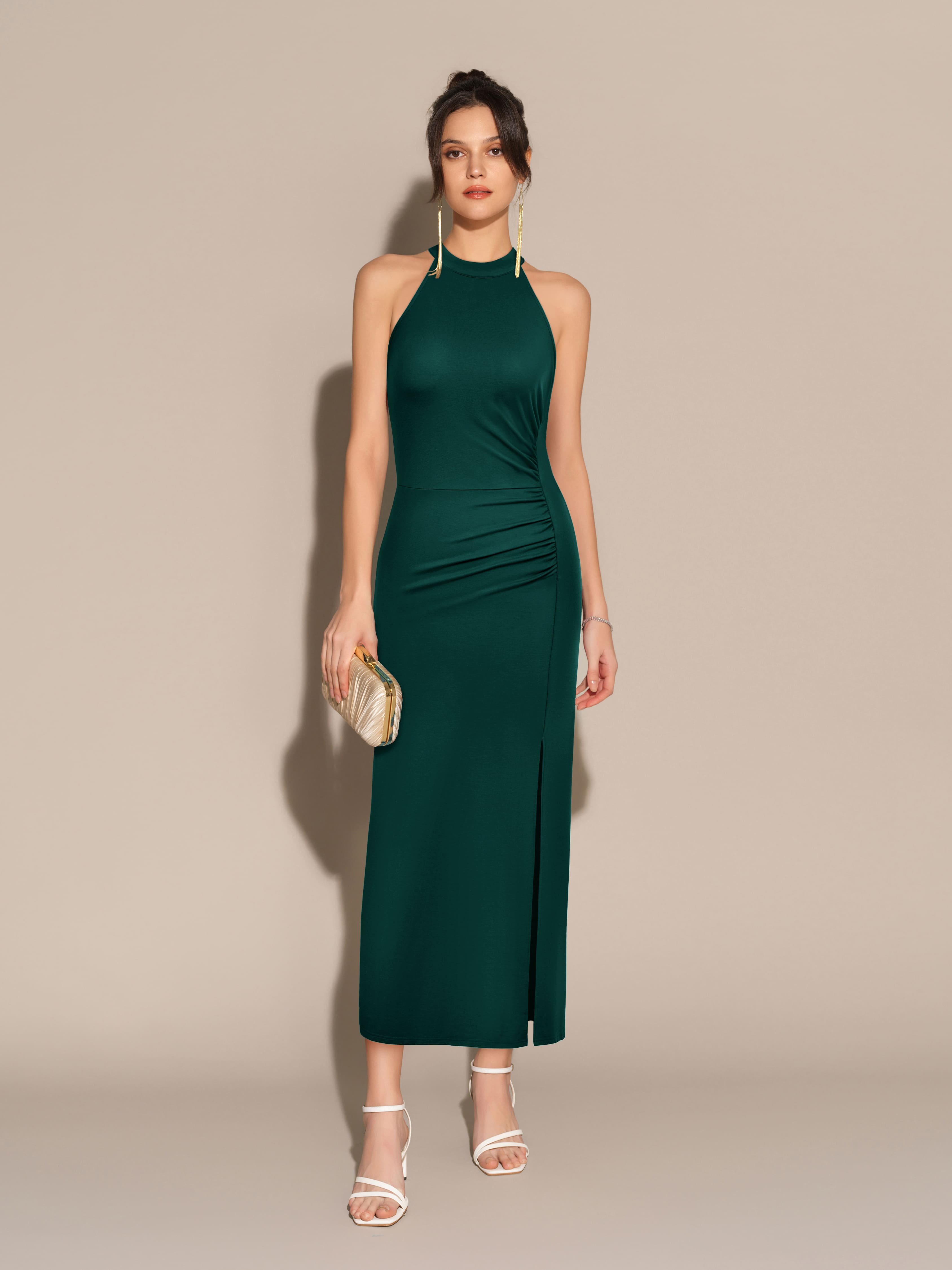 Front Slit Crew Neck Halterneck Ruched Bodycon Party Maxi Dress - Green