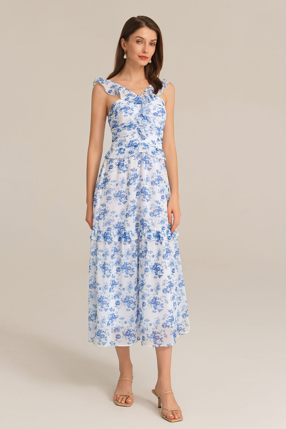 Halterneck Ruffle Decorated Flared Tiered Floral Midi Dress Dress - Blue