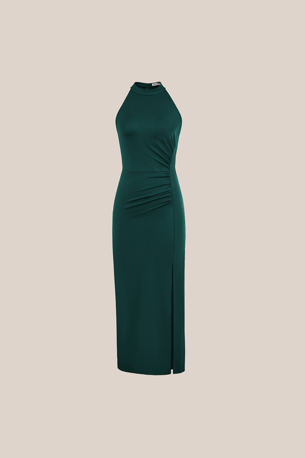 Front Slit Crew Neck Halterneck Ruched Bodycon Party Maxi Dress - Green