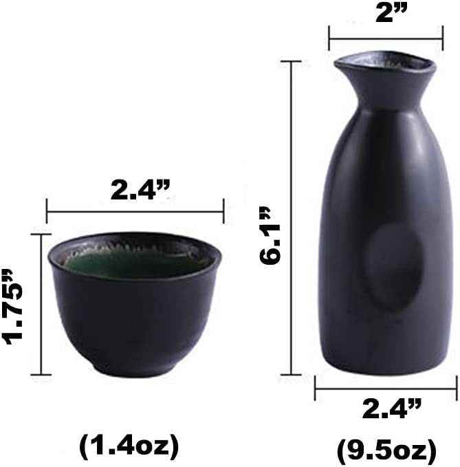 CoreLife Sake Set, Traditional 5 pcs Porcelain Ceramic Japanese Sake Sets with Sake Serving Bottle and 4 Sake Cups - Turquoise Black