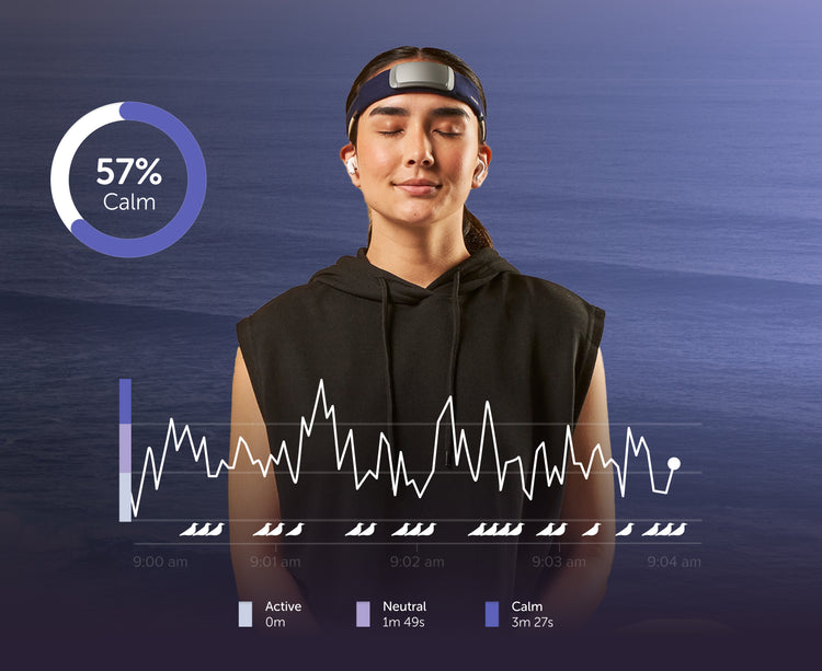 App interface over a photo of a woman wearing a Muse headband, looking relaxed. A circle graph indicates 