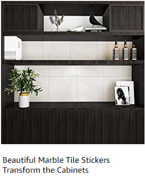 Beautiful marble tile stickers transform the cabinets