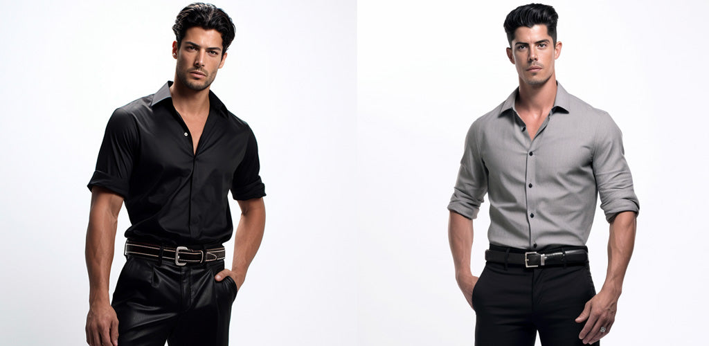 male model with belts on different outfits