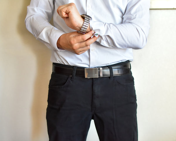 man wearing shirt Tonywell leather belts for business casual outfits