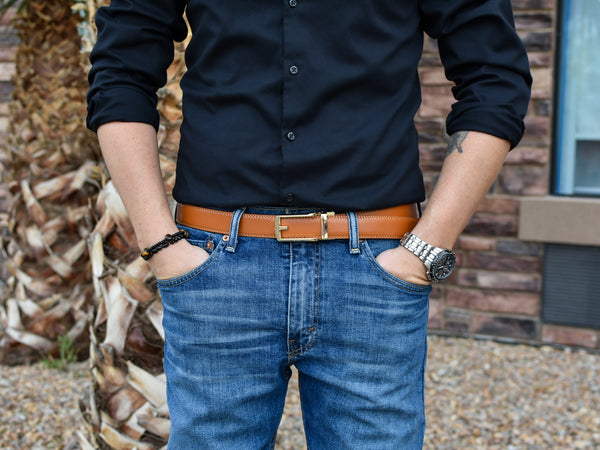 blue jeans with tonywell ratchet belt light brown yellow