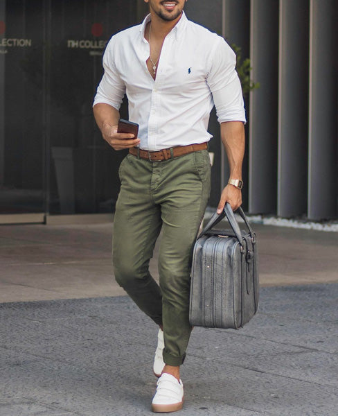 Style Olive Green Pants with white shirts hand top briefcase men