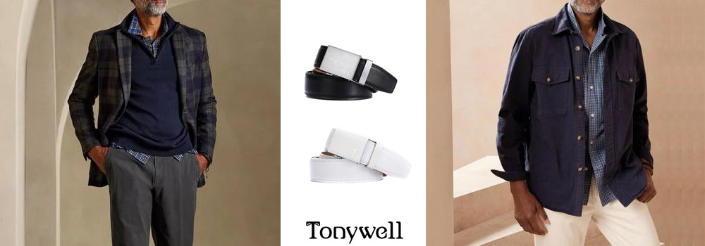 Tonywell white leather belt match plain shirt Chino outfits for aged man