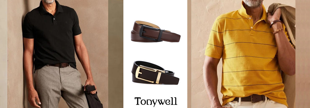 Slim Polo aged man brown leather ratchet belt yellow chinos