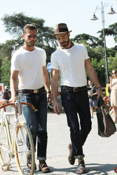 black jeans with white t-shirt brown leather belts fashion idea from Tonywell