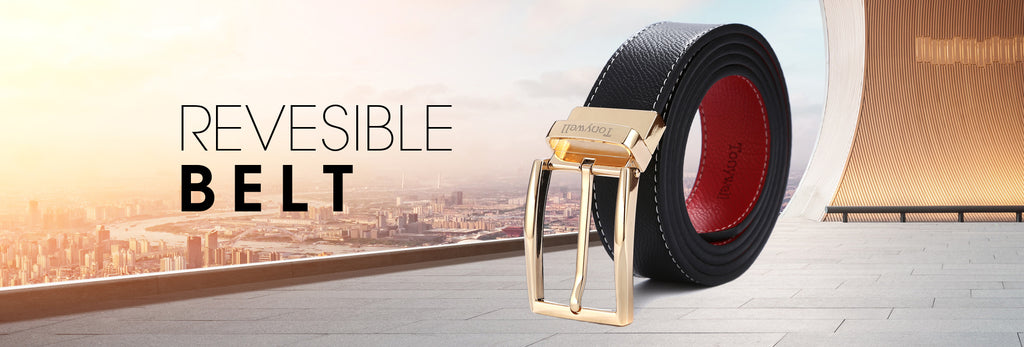 reversible belt pin buckle prong for men black color gold red adjustable fit to cut