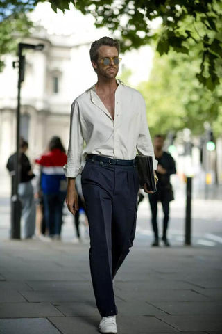 high waistline pants with belt makes men look taller Tonywell dress belt
