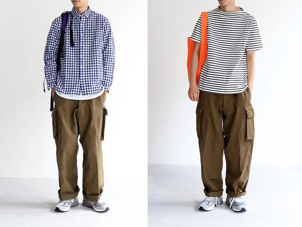 khaki cargo pants with stripe t-shirt plain shirt sneakers