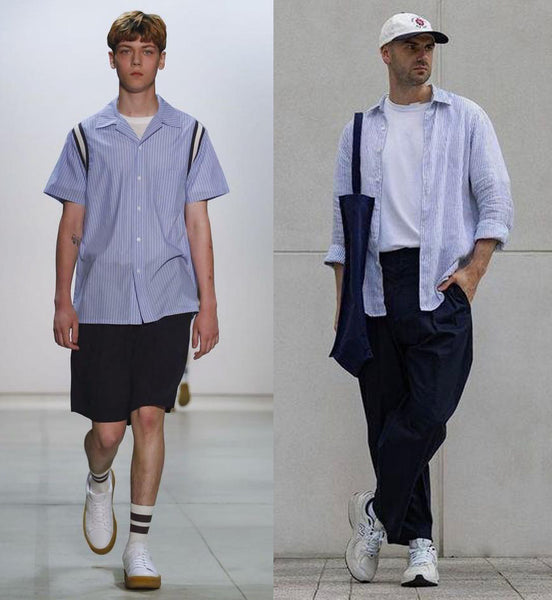 layering blue stripped with white T-shirt black casual pants Sneakers and canvas bags socks summer outfit Tonywell guide