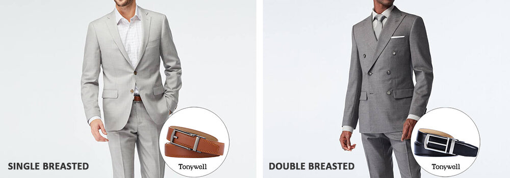 model wear grey color single vs double breasted suit matching tonywell formal dress belts for men