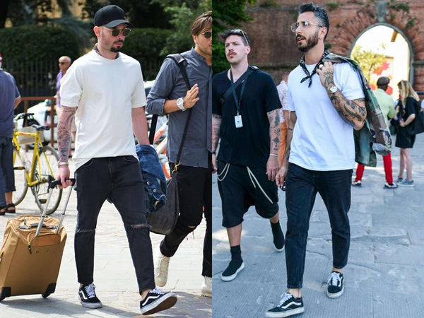 truck party hem into jeans scraf with white t-shirt for man
