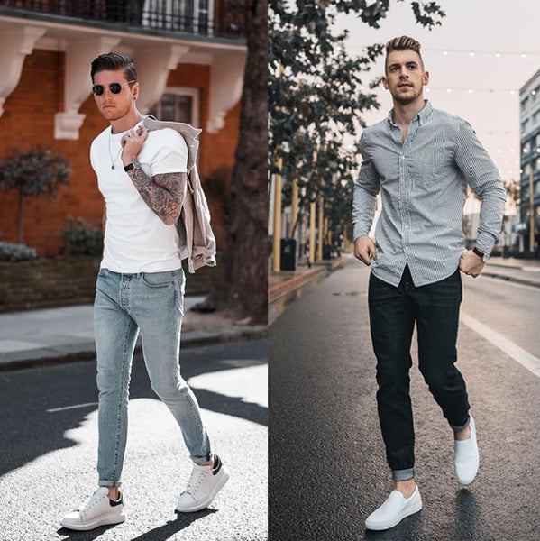 white shoes white T-shirts shinny jeans for summer man attires