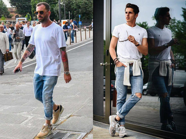 white t-shirt with ripped cropped jeans leather belt for male