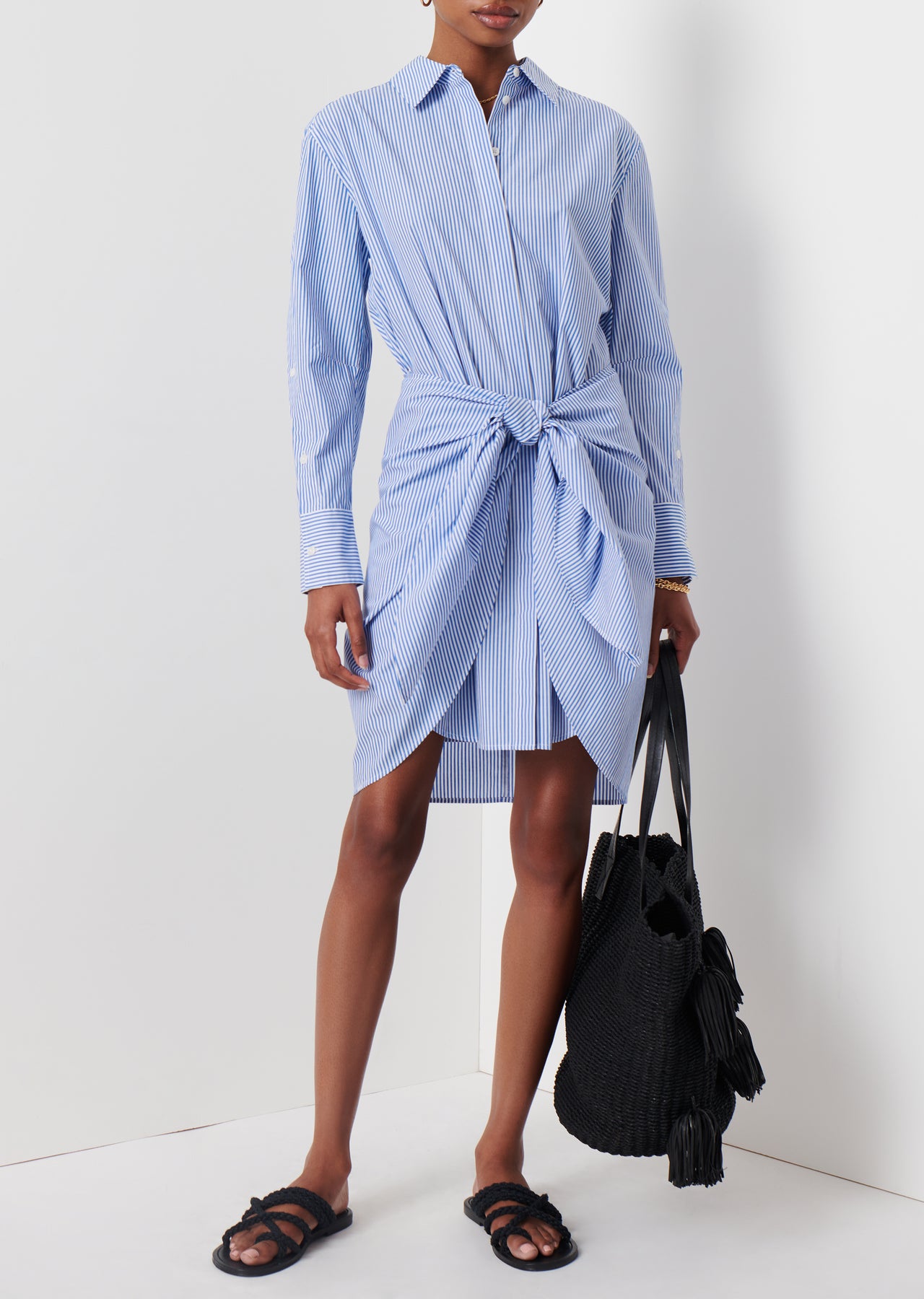 Charlotte Tie Waist Shirt Dress - Blue-White