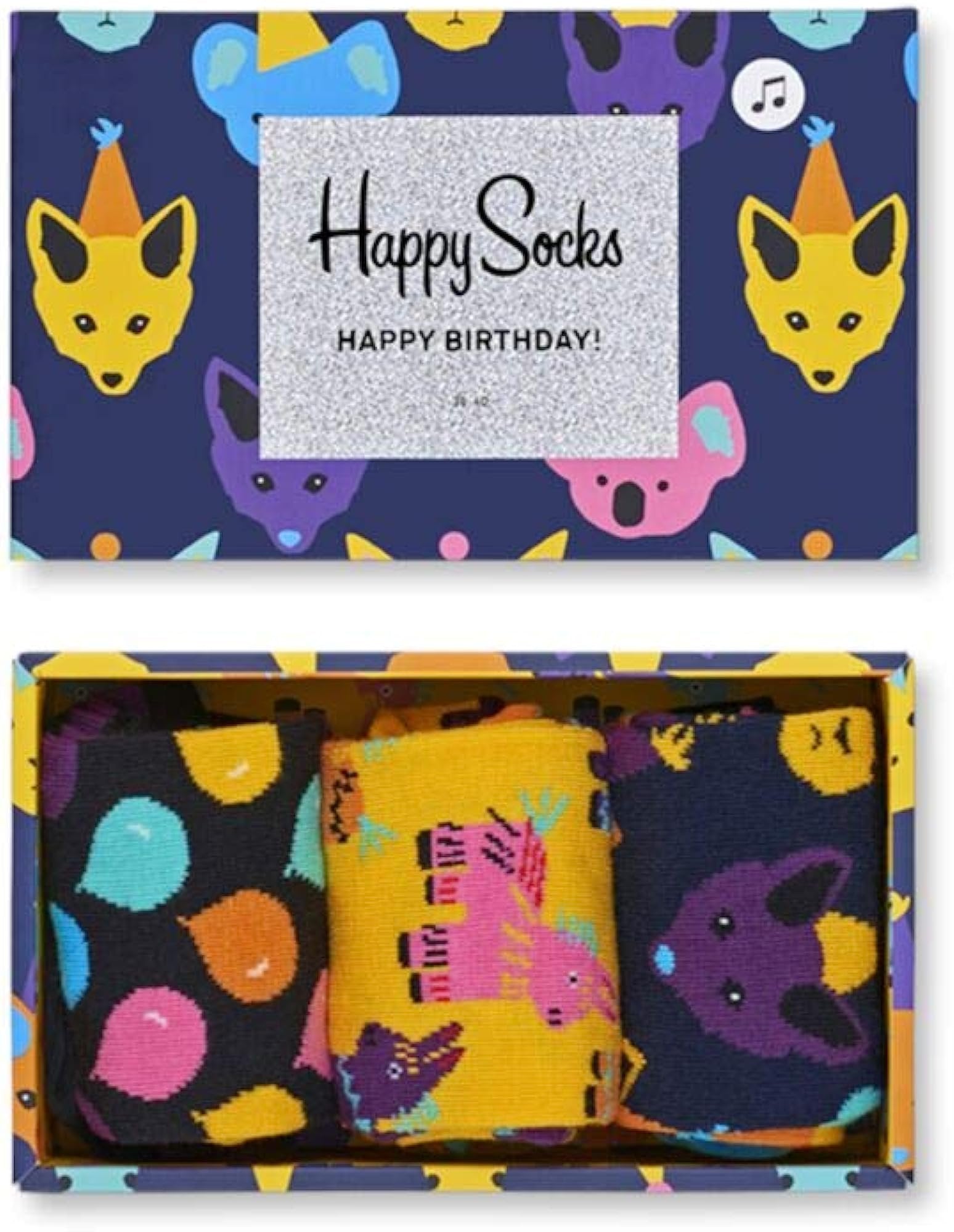 Happy Socks Party Animal Singing Birthday Gift Box 3-Pack (10-13)