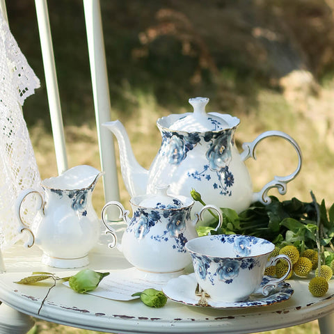 BLUE FLOWER NEW BONE CHINA TEAPOT SET