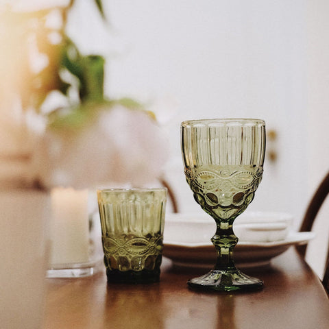 VINTAGE EMBOSSED GREEN GLASS