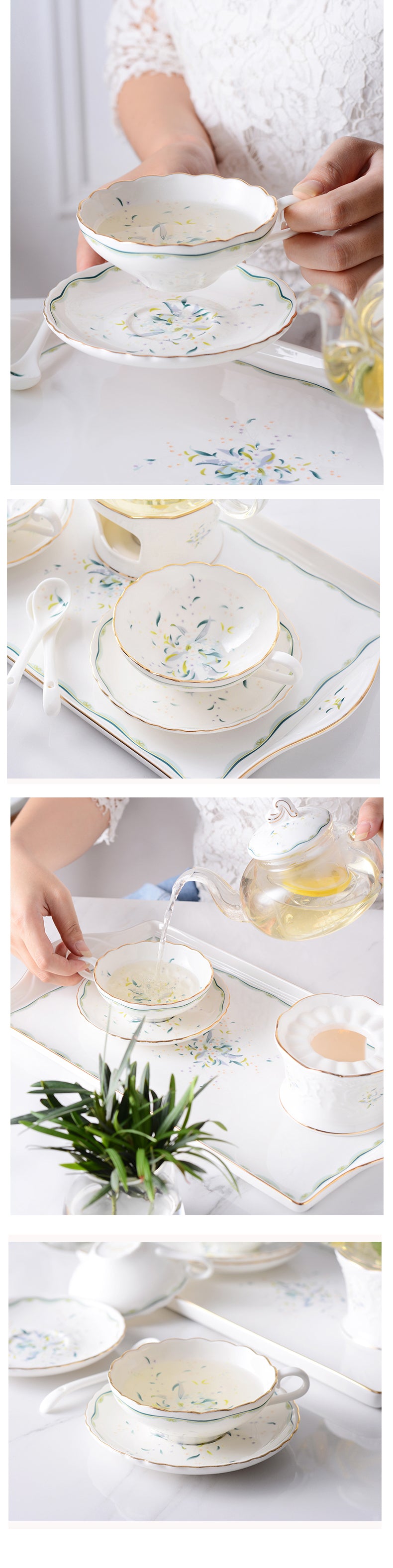 Bird & Flower Ceramic Teacup Set
