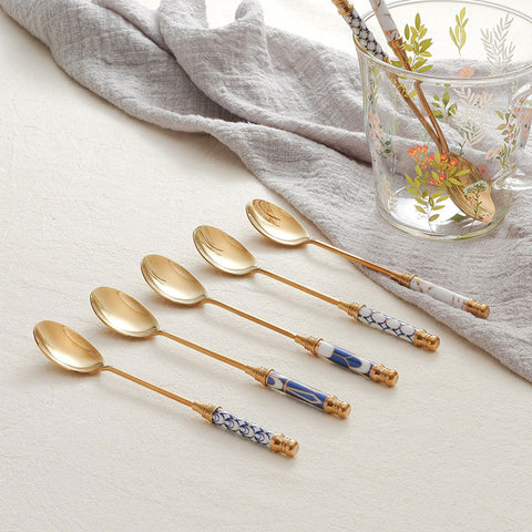 GLORIOUS CERAMIC HANDLE GOLD DESSERT SPOON AND FORK