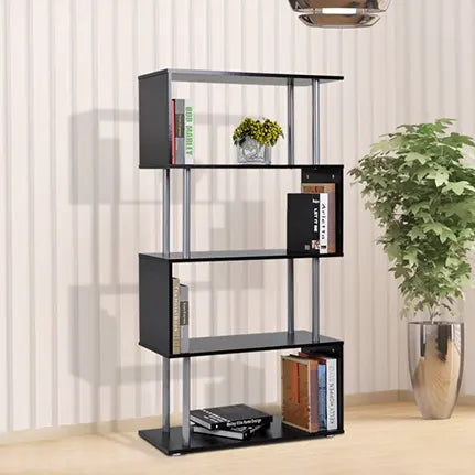 HomCom Modern S-Shaped 5 Tier Room Dividing Bookcase Wooden Storage Display Stand Shelf - Black