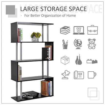 HomCom Modern S-Shaped 5 Tier Room Dividing Bookcase Wooden Storage Display Stand Shelf - Black