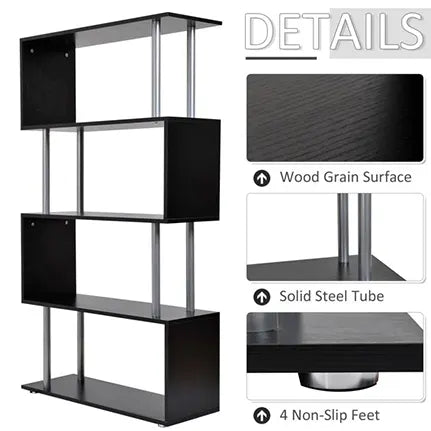 HomCom Modern S-Shaped 5 Tier Room Dividing Bookcase Wooden Storage Display Stand Shelf - Black