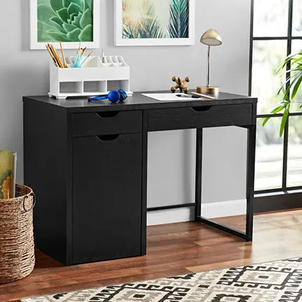 Mainstays Perkins Desk with Metal Frame, True Black Oak (File Cabinet Sold Separately)