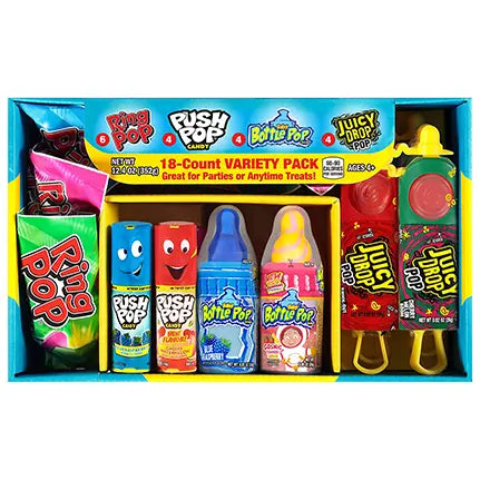 Bazooka Candy Brands Variety Candy Box - 18 Count Lollipops w/ Assorted Flavors from Ring Pop, Push Pop, Baby Bottle Pop & Juicy Drop - Fun Candy for Birthdays and Celebrations