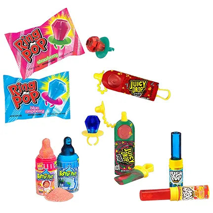 Bazooka Candy Brands Variety Candy Box - 18 Count Lollipops w/ Assorted Flavors from Ring Pop, Push Pop, Baby Bottle Pop & Juicy Drop - Fun Candy for Birthdays and Celebrations