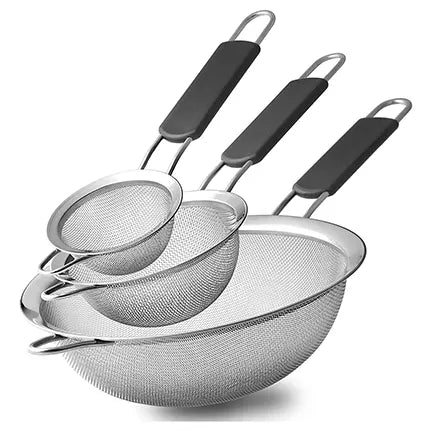 Stainless Steel Fine Mesh Strainers, Set of 3 Sizes Strainer for Kitchen, Wire Sieve with Insulated Handle Kitchen Strainer, Baking Tools Colander, Food Preparation, Flour Sifter, Rice, Pasta Strainer