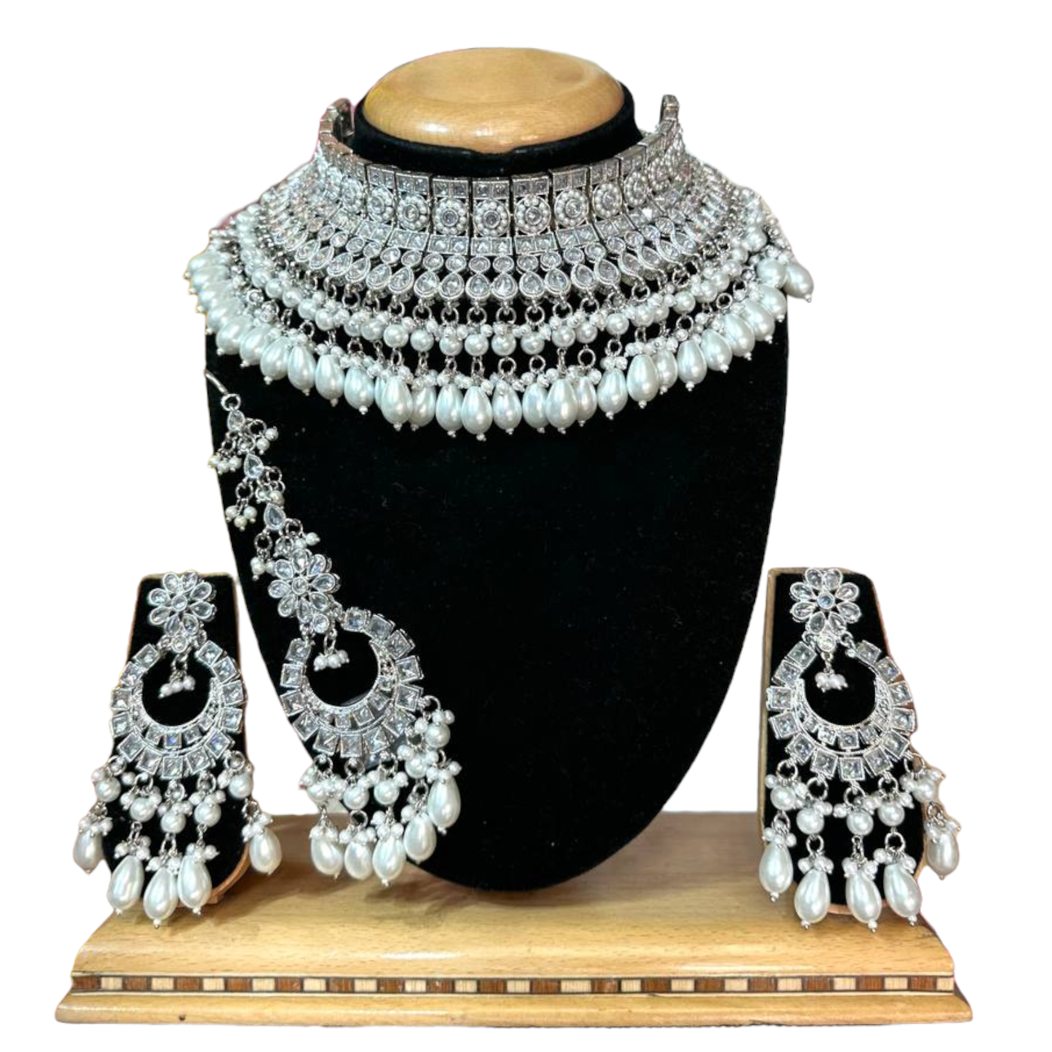 Bridal Silver Polki AD Necklace Earrings And Mangtikka Set #PB5