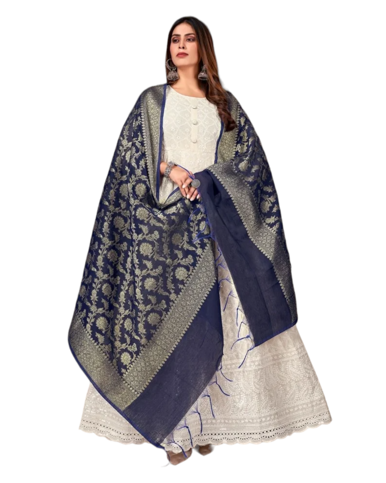 Women Chikankari With Schiffli Work Gown Kurti Dress & Banarasi Dupatta  #BQV2