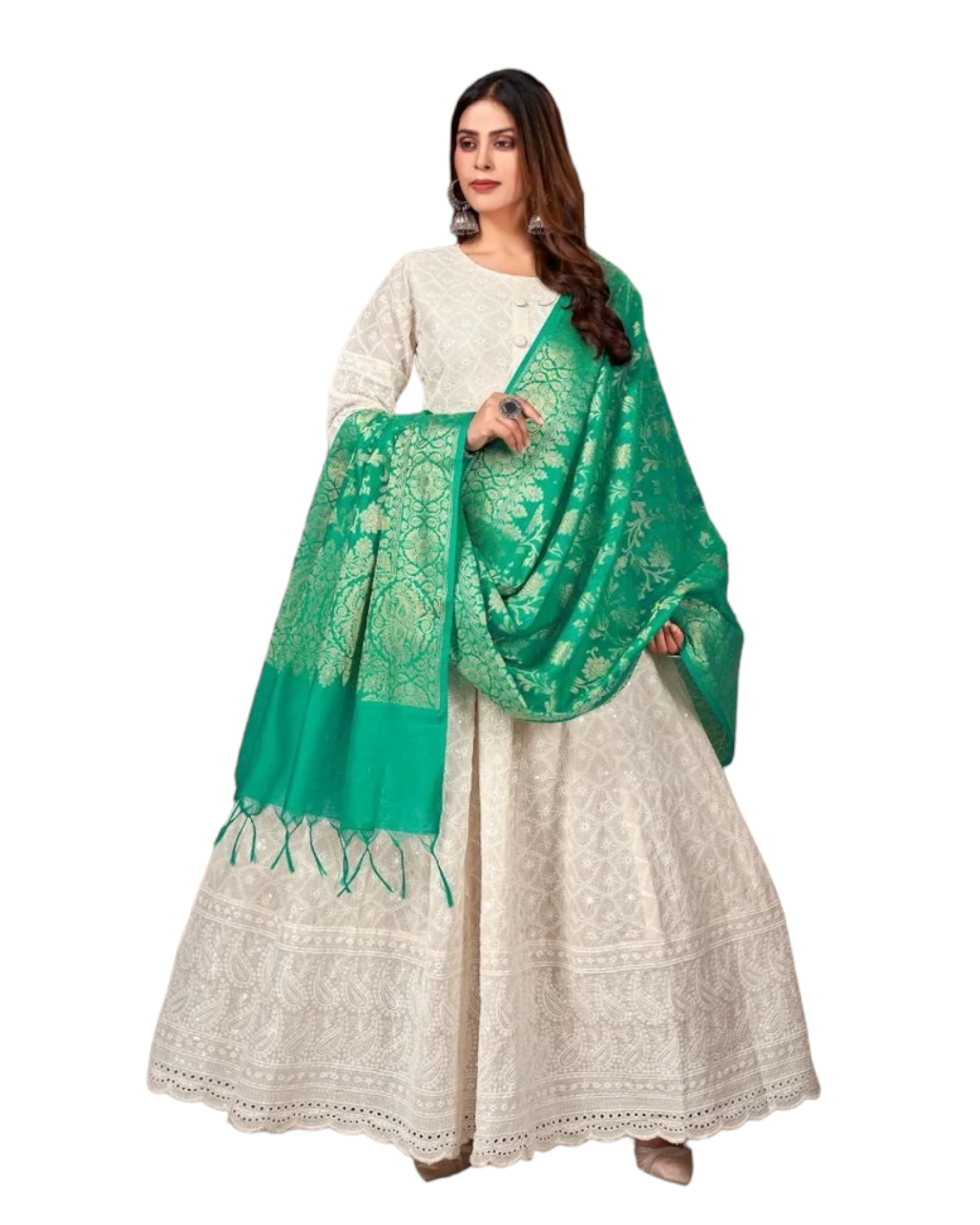 Women Chikankari With Schiffli Work Gown Kurti Dress & Banarasi Dupatta  #BQV2