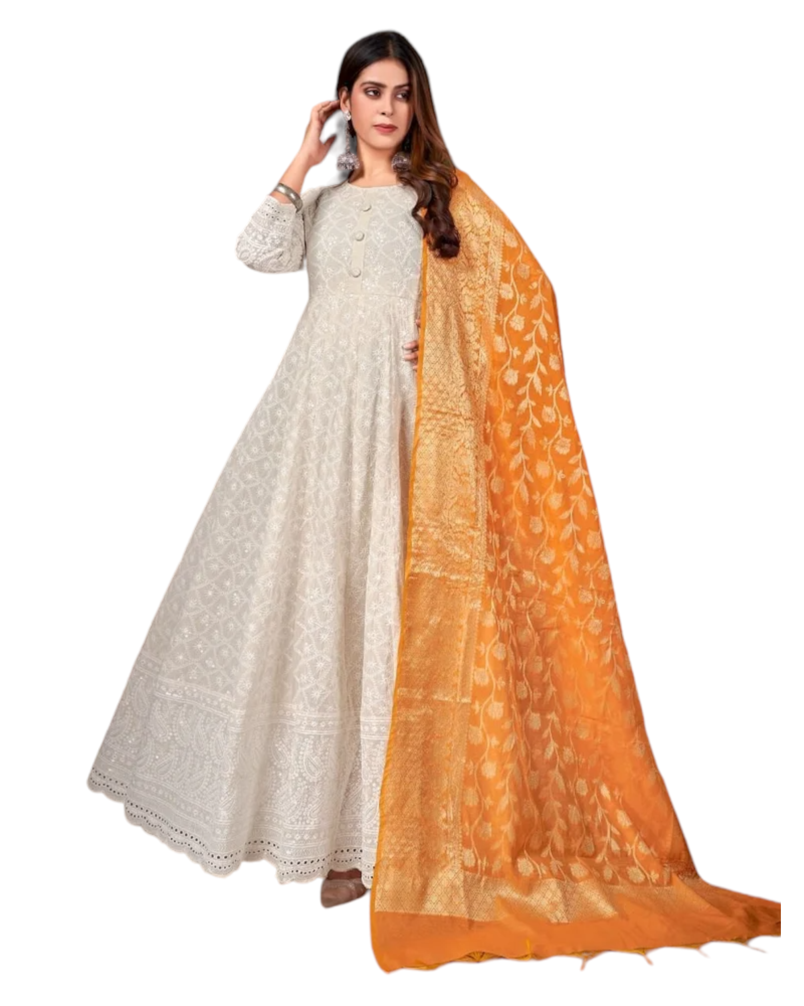 Women Chikankari With Schiffli Work Gown Kurti Dress & Banarasi Dupatta  #BQV2