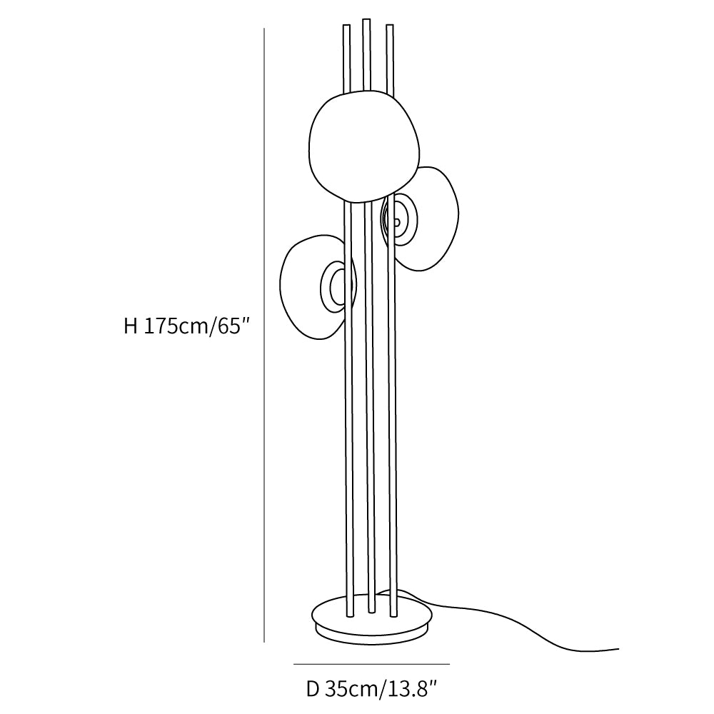 Three Lava Glass Floor Lamp size diagram, enlarged