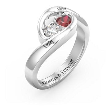 Engravable Double Heart Gemstone Wave Ring