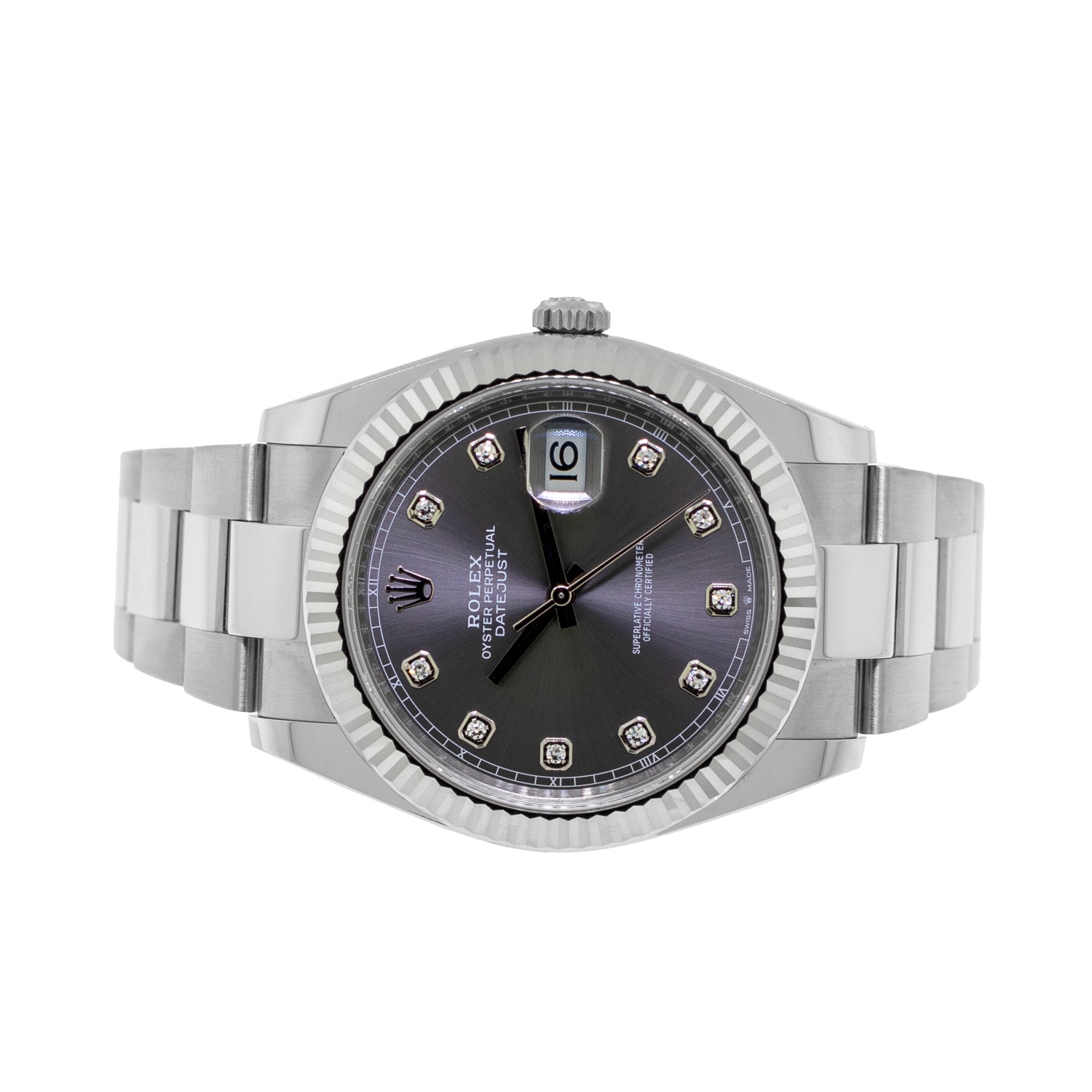 Rolex Datejust II 41mm Stainless Steel Dark Rhodium Diamond Dial 18K White Gold Fluted Bezel 126334