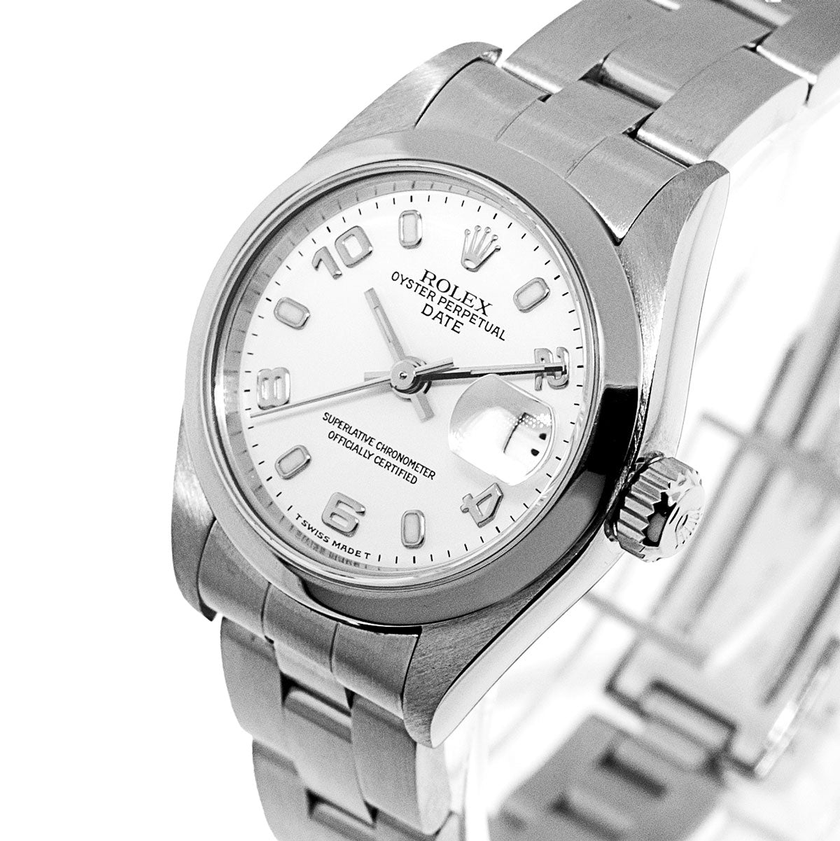 Rolex Lady Oyster Perpetual Date 26mm Stainless Steel White Arabic Dial & Smooth Bezel 69160