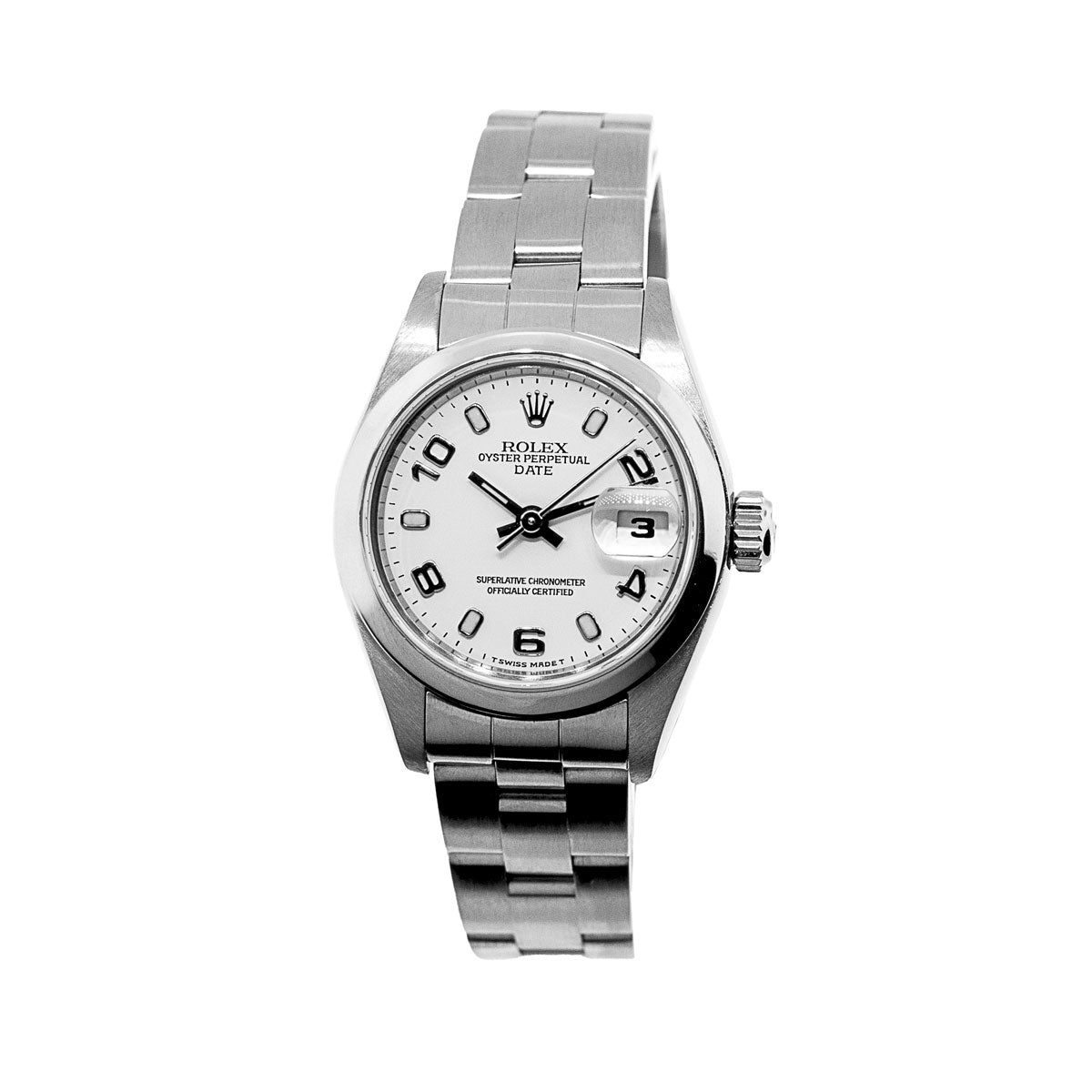 Rolex Lady Oyster Perpetual Date 26mm Stainless Steel White Arabic Dial & Smooth Bezel 69160