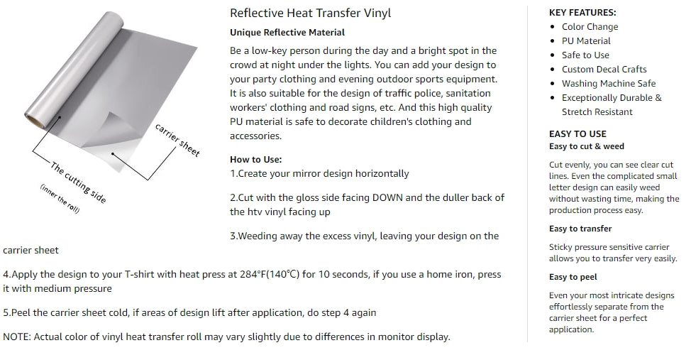 12''x10ft Reflective Heat Transfer Vinyl HTV Roll Iron On Vinyl for Cricut