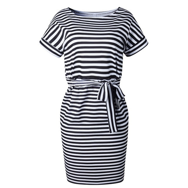 Casual Short O-neck Striped Dress