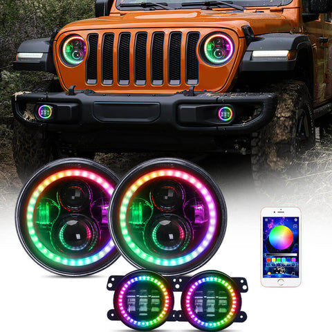 7 inc RGB Halo LED headlights and 4 inch fog lights combo | loyo light