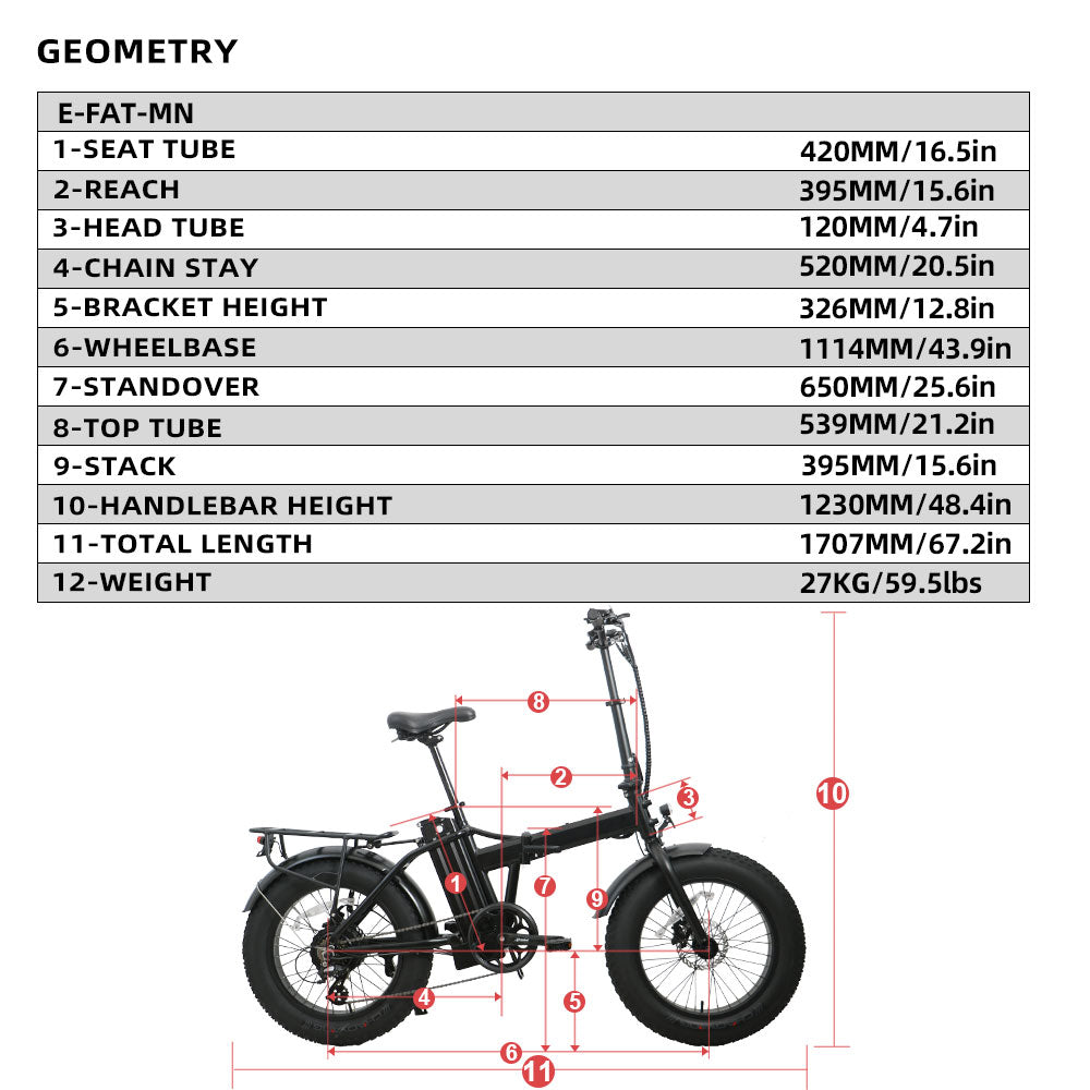Moped style E-bike Eunorau E-Fat-MN Geometry