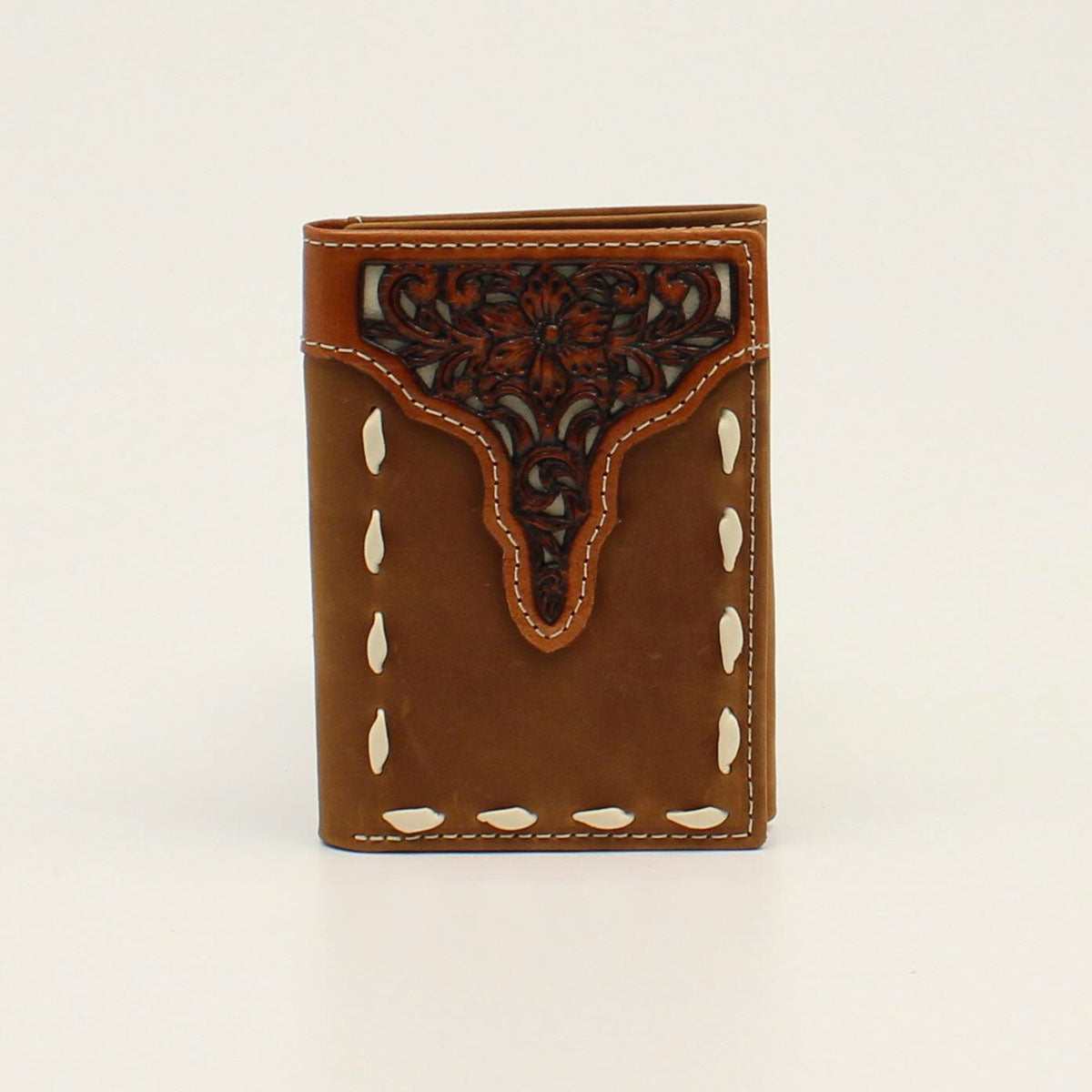 ARIAT TRIFOLD WALLET FLORAL TOOLED OVERLAY BUCK STITCH