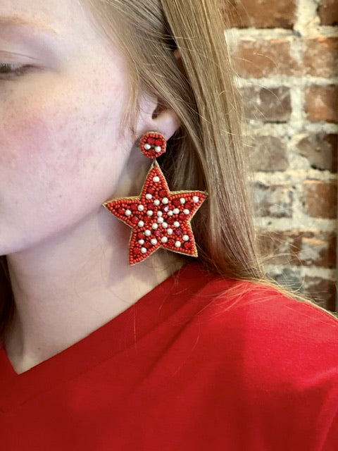 Beaded Star Earrings July 4th -Red