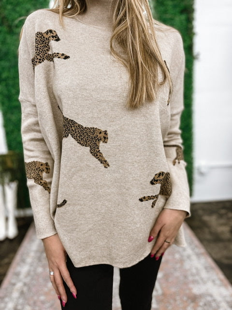 Cheetah Print Long Sleeve Mock Neck Sweater - Pink